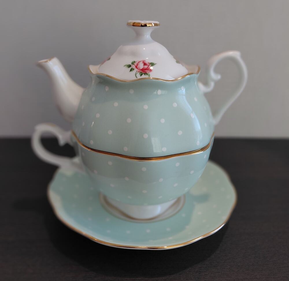 Royal Albert Polka Rose Tea For One Set Mint Green Bone China NEW IN BOX 3pc